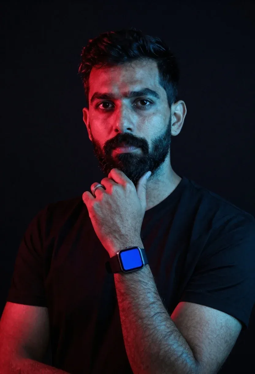 Portrait Bearded Man Deep Thought Against Black Background Subject Dark-haired