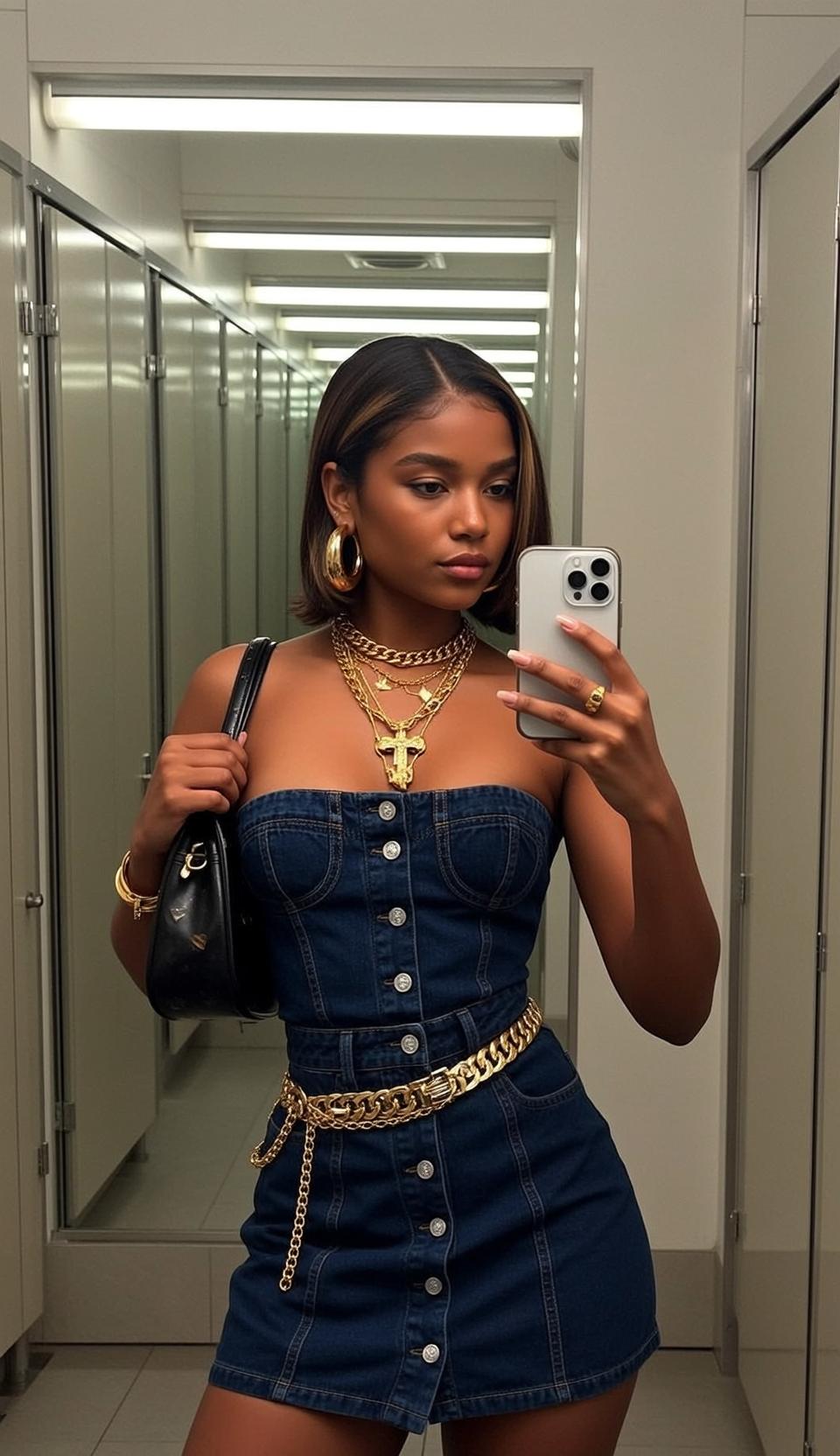 Baddie Stands Facing Mirror Holding Smartphone Her