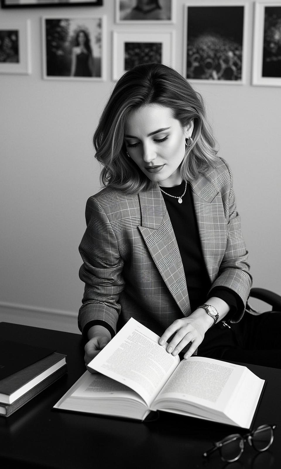Plaid Blazer Black Crew Neck Indoor Office Black Desk Open