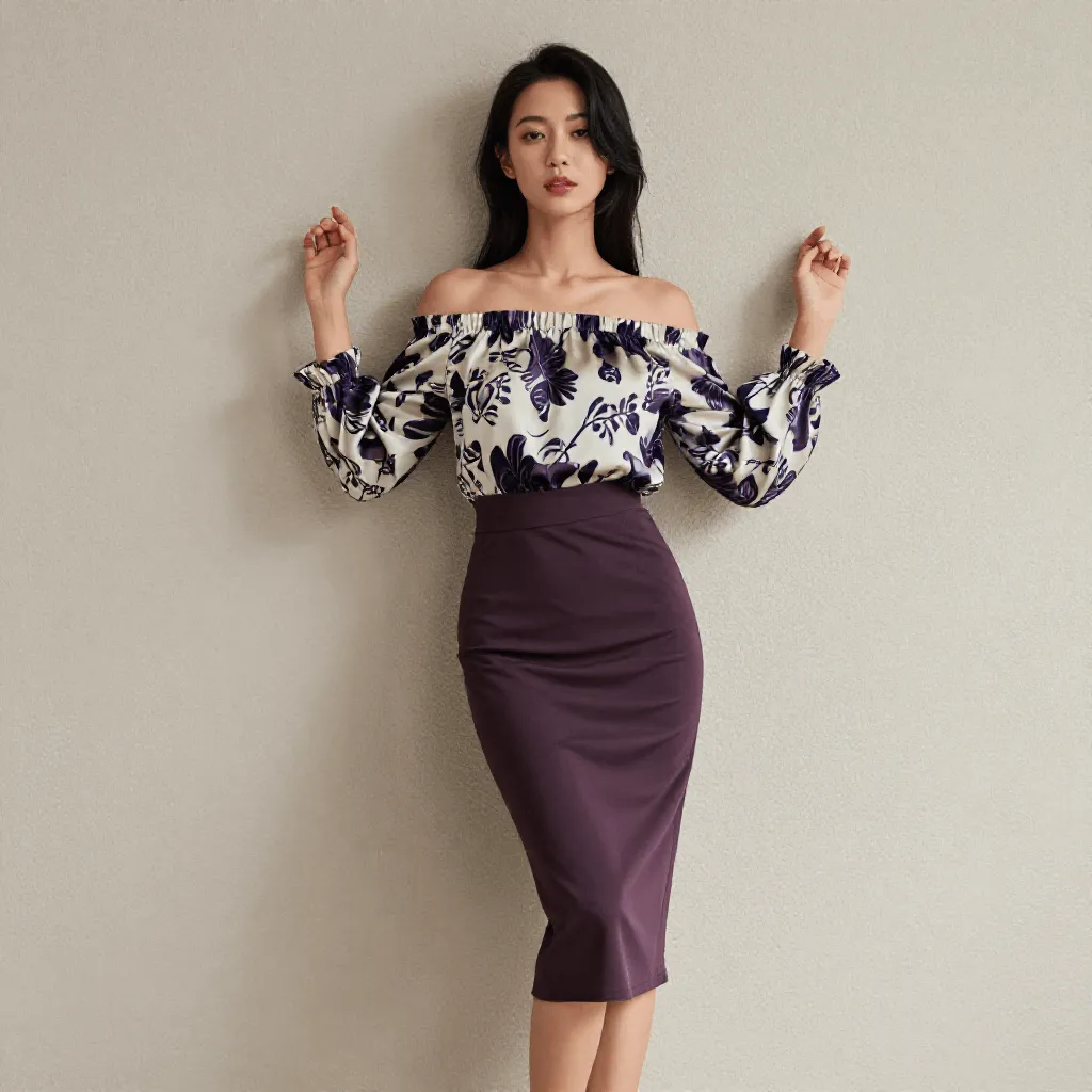 Off Shoulder Floral Blouse Plum Pencil Skirt Pose