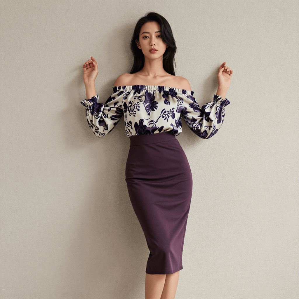 Off Shoulder Floral Blouse Plum Pencil Skirt Pose