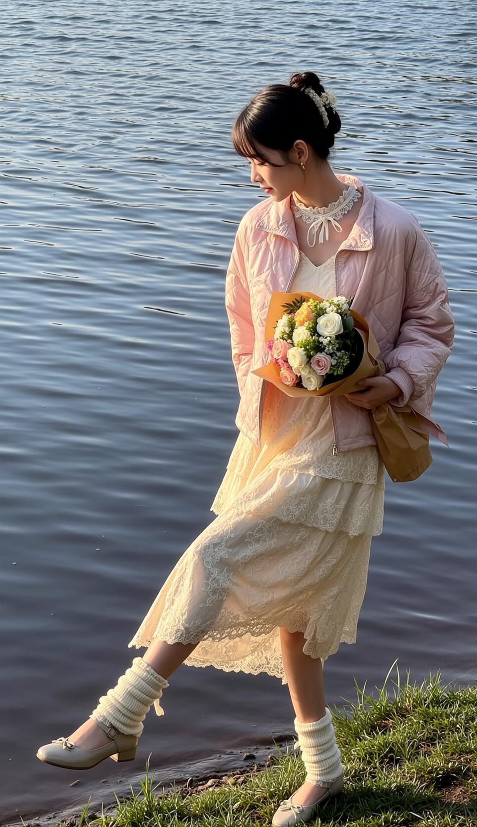 Balletcore Stands Grassy Bank Body Water Her
