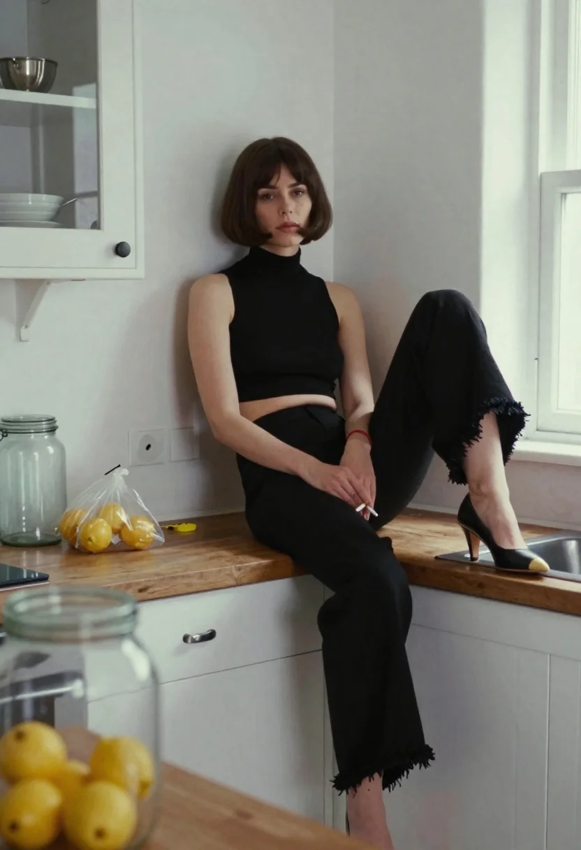 Woman With Short Bob Haircut Sits Casually Wooden Kitchen Counter reference photo