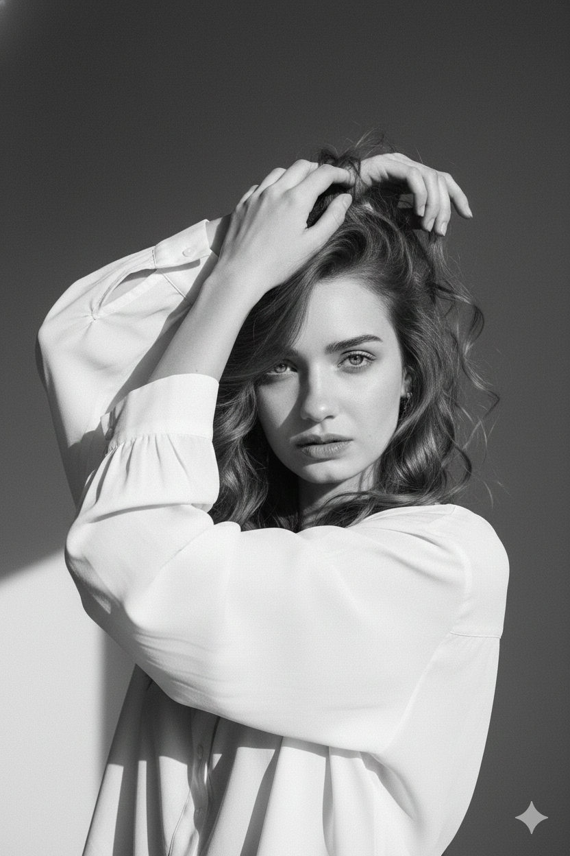 High-fashion editorial portrait of a woman with a dramatic pose, intense gaze, and contrasting shadows against a minimalist background.
