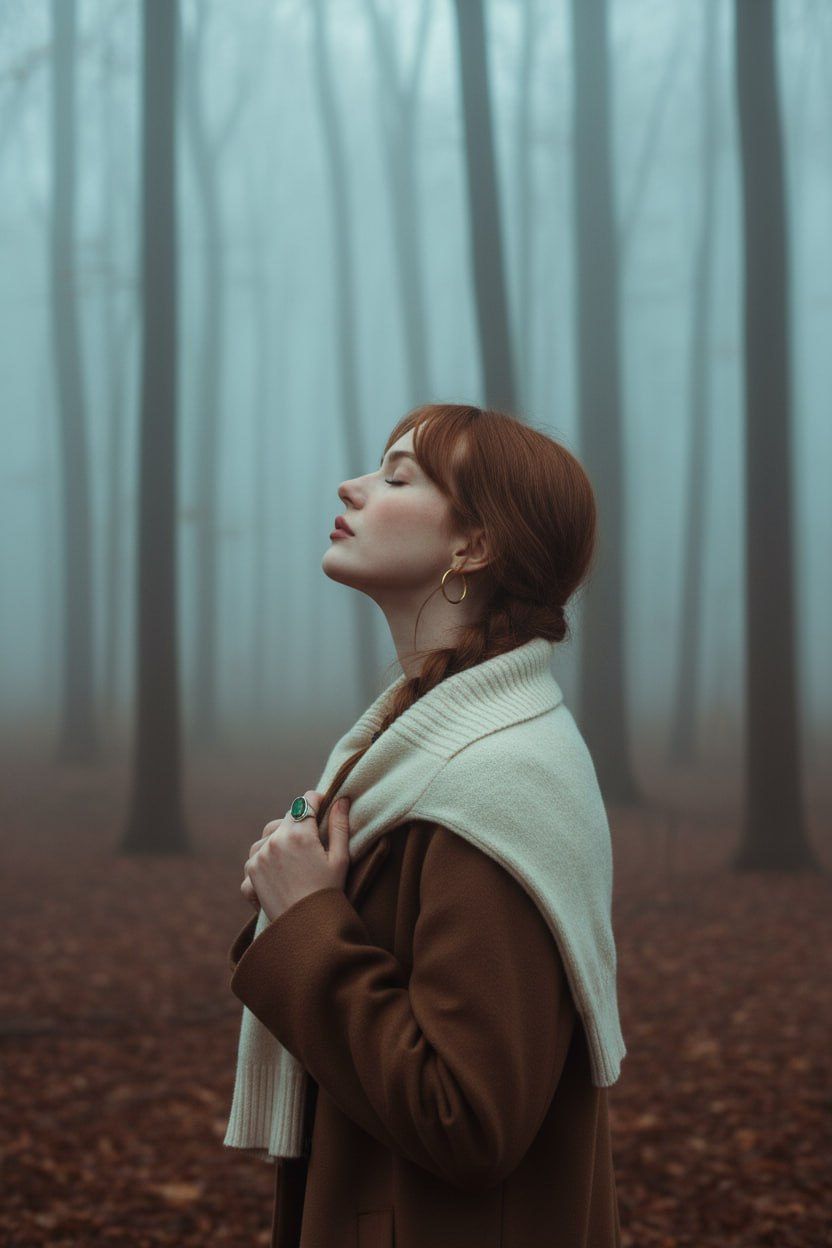 A user in a foggy autumn forest wearing a brown coat and milky sweater, with soft lighting and a calm expression.