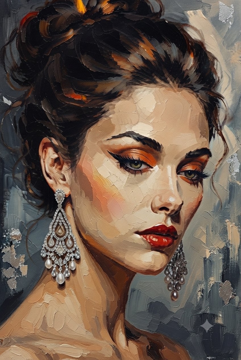 Elegant Woman Oil Painting Deep Red Lips