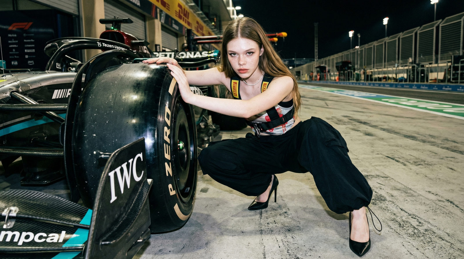 A vibrant scene capturing an F1 pit lane during a race, with teams in action and cars ready for tire changes.