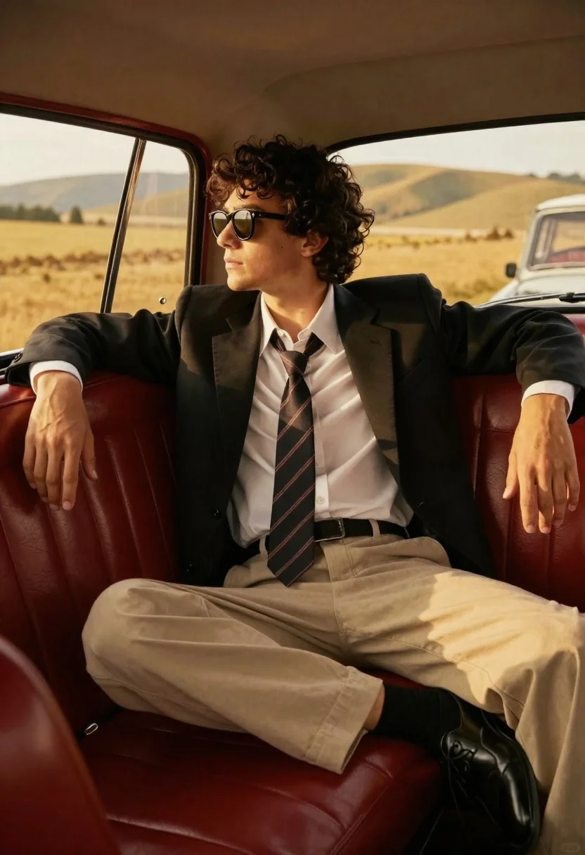 A young man with curly dark hair sitting relaxed in a vintage car, gazing out the window at a golden landscape.