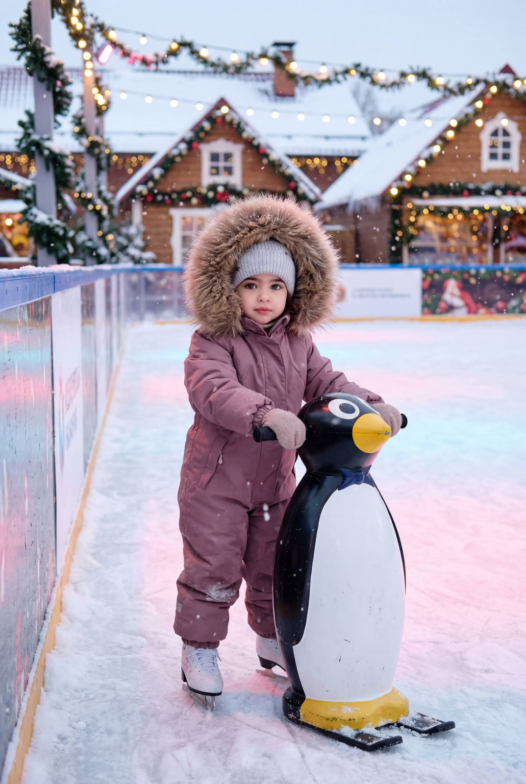 A child on an ice skating rink in a mauve snowsuit, holding a penguin-shaped skating aid with festive Christmas market in the background.