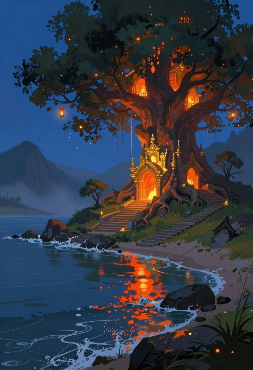 Digital Painting Mystical Fantasy Landscape Twilight Environment Serene Shoreline With