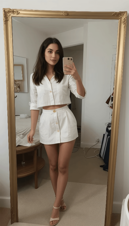 A woman taking a full-body mirror selfie in a white outfit, standing in a bright bedroom with a wooden floor.