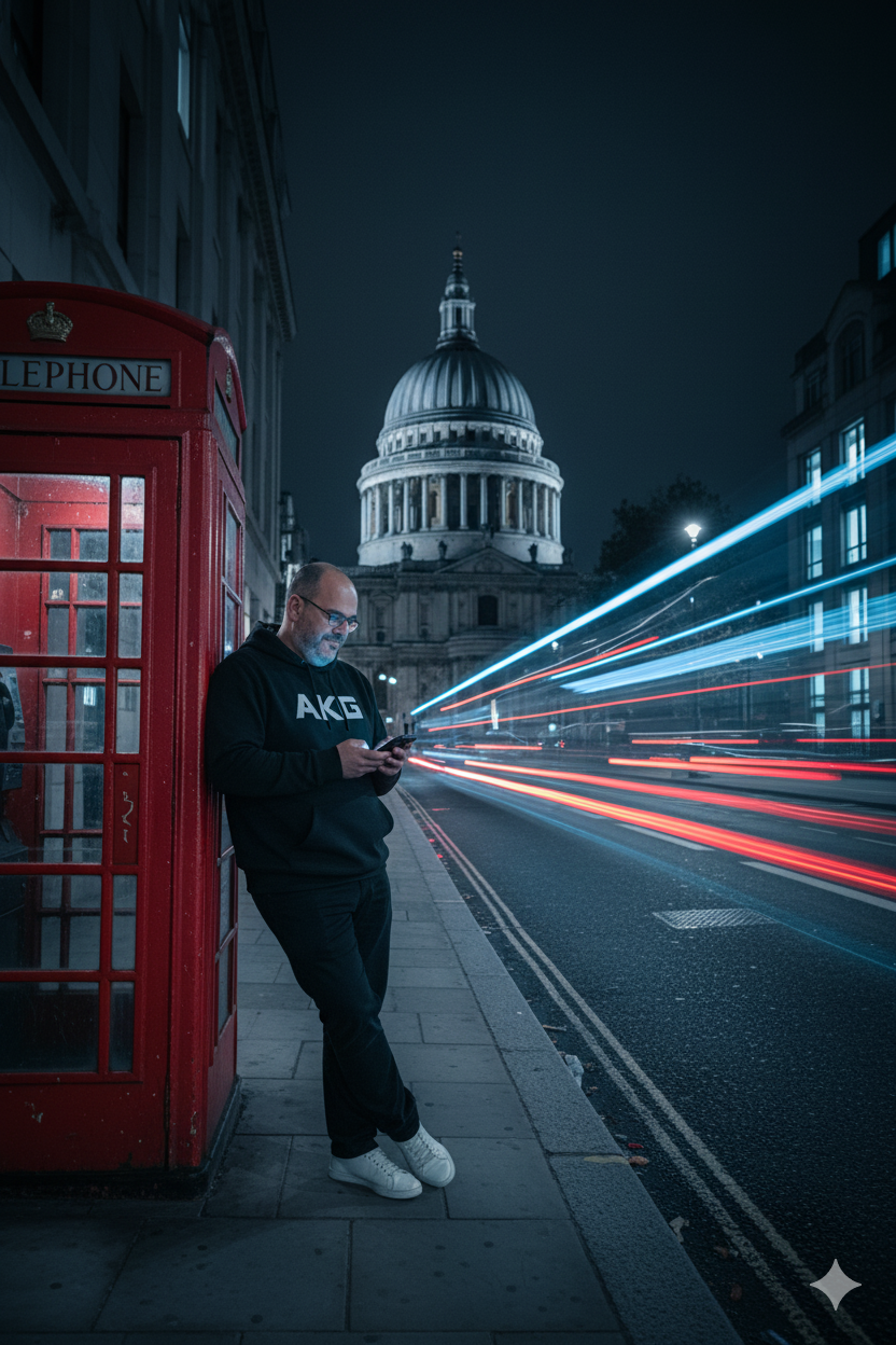 A 55-year-old man in a dark hoodie with logo AKG, leaning against a black British telephone booth at night, looking at his phone with light trails in the background.