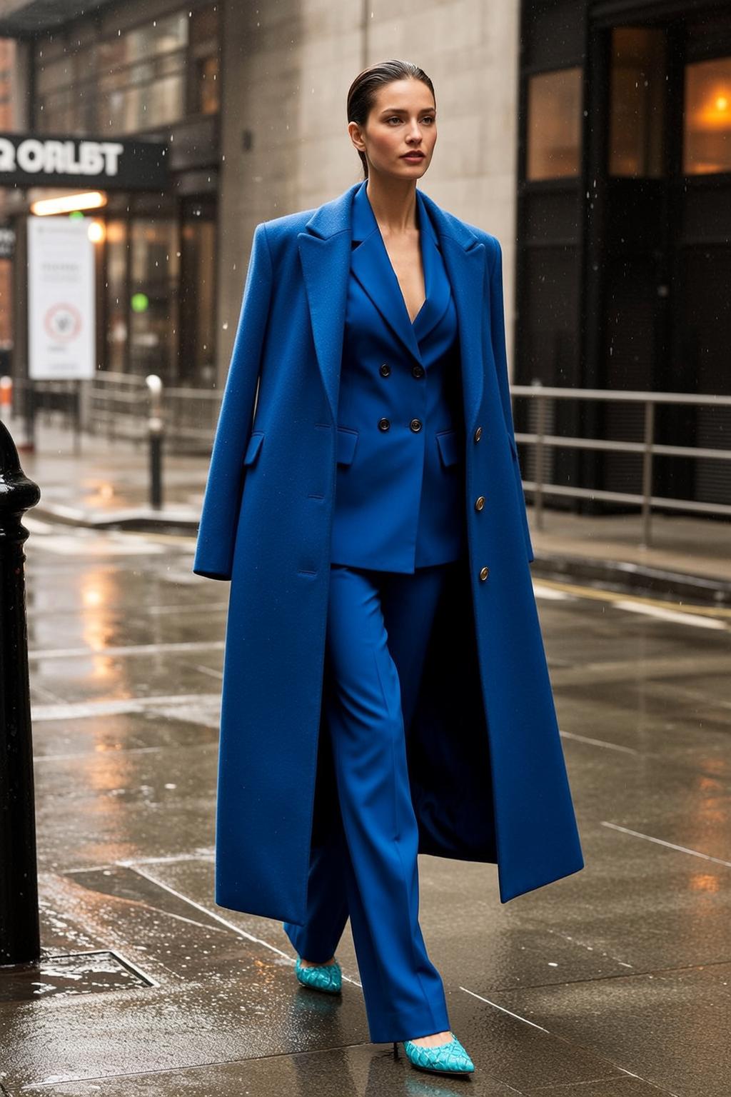 Blue Suit Walking Wet City Street