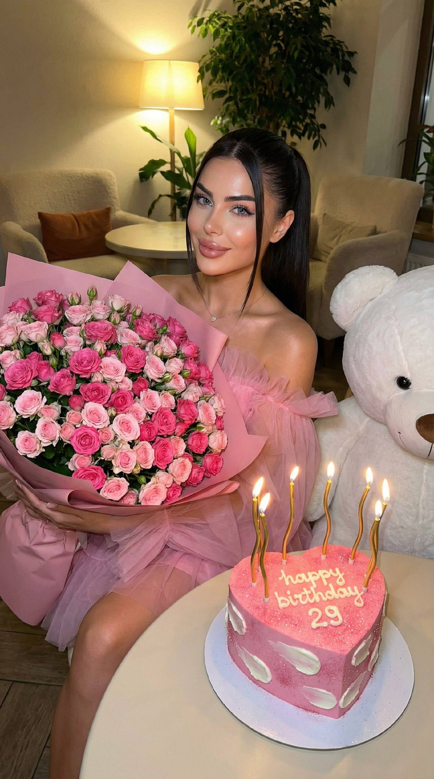 Girl sitting at a round table in a cozy cafe with a large bouquet of pink roses and a heart-shaped birthday cake.