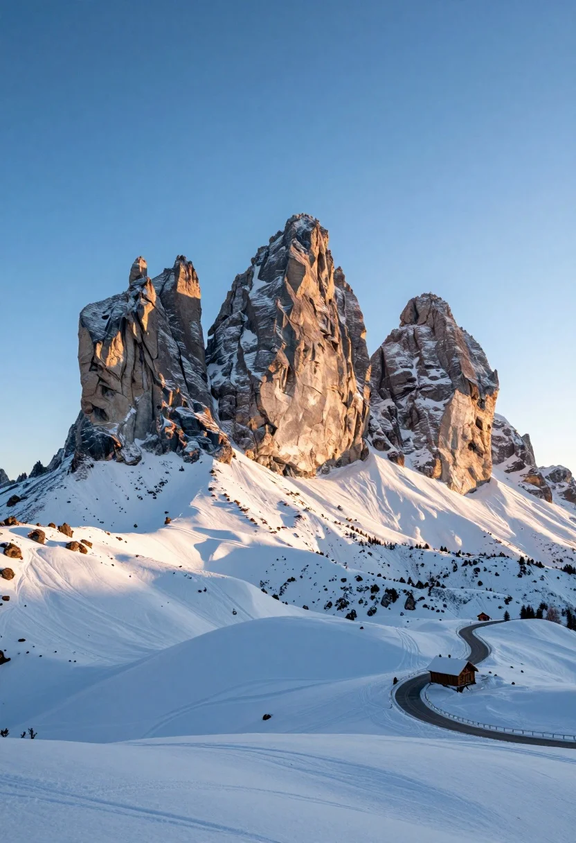 A majestic snow-covered mountain peak with steep cliffs and golden sunlight, against a clear blue sky, capturing the grandeur and scale.