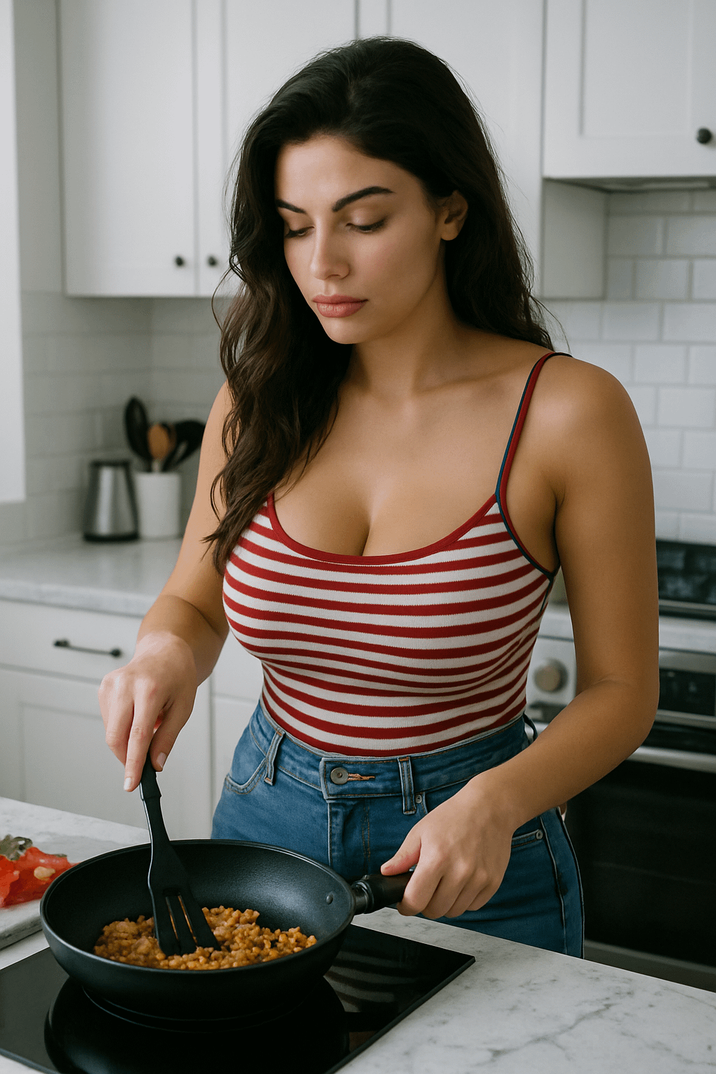 Striped Tank Top Cooking In Modern Kitchen