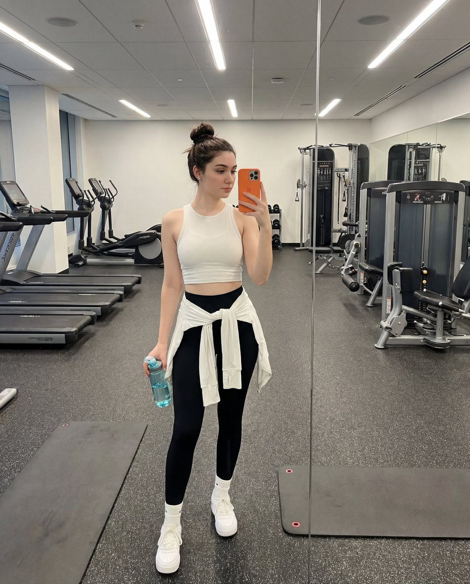 A young woman in a fitted white cut top and black leggings taking a mirror selfie in a modern indoor gym.