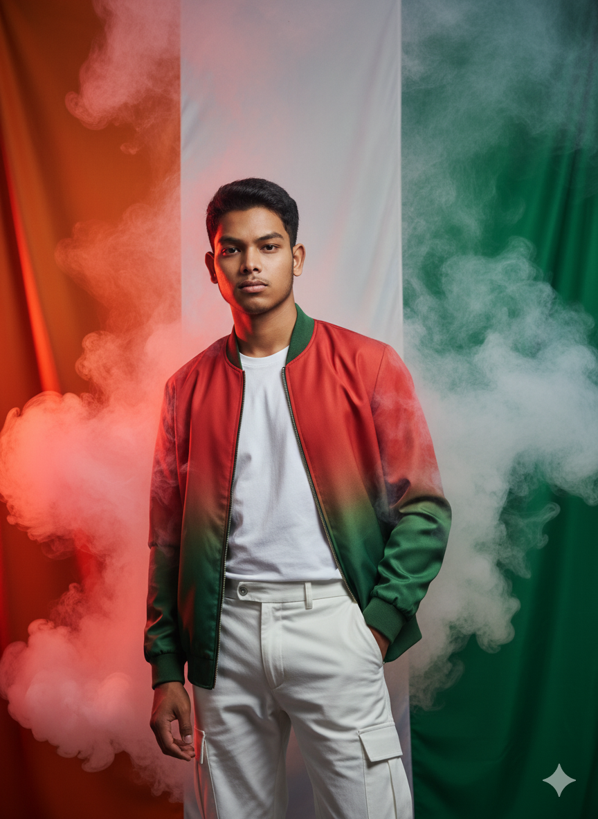 A handsome young East Asian man in a red-to-green ombre bomber jacket, white t-shirt, and cargo pants, posing against the Indian flag with swirling smoke.