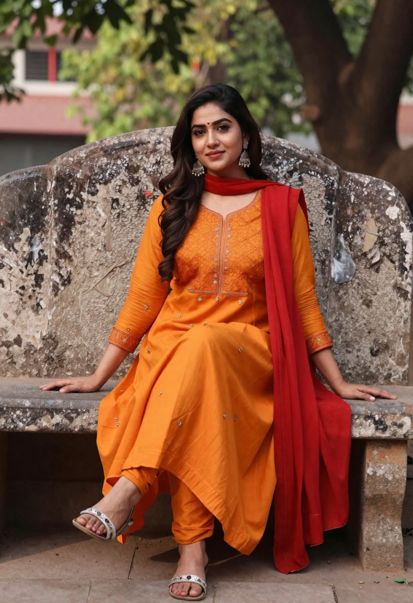 Woman Orange And Red Traditional Indian Outfit Sits Gracefully Weathered reference photo