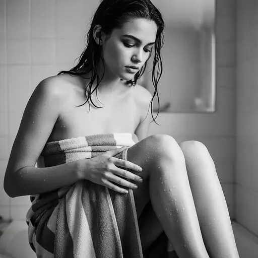 A hyper-realistic image of a woman drying her wet hair with water droplets on her legs after a shower.