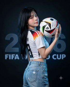 A beautiful woman in a white cropped soccer jersey with red details, holding an Adidas soccer ball against a dark studio background.
