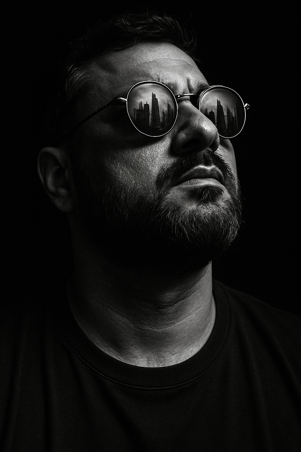Close-up of a man in round reflective sunglasses, showcasing urban skyline reflection against a high-contrast black background.