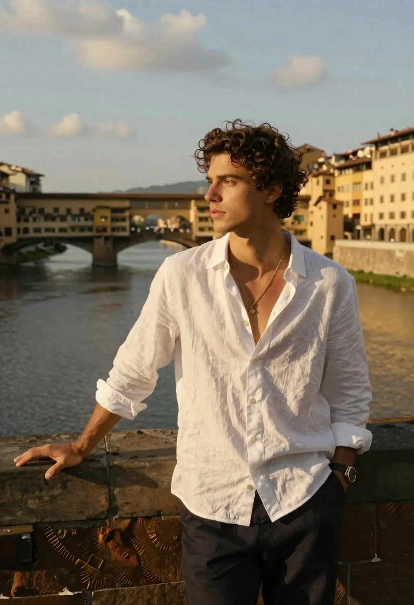 Handsome Young Man With Curly Brown Hair Stands Leaning Against