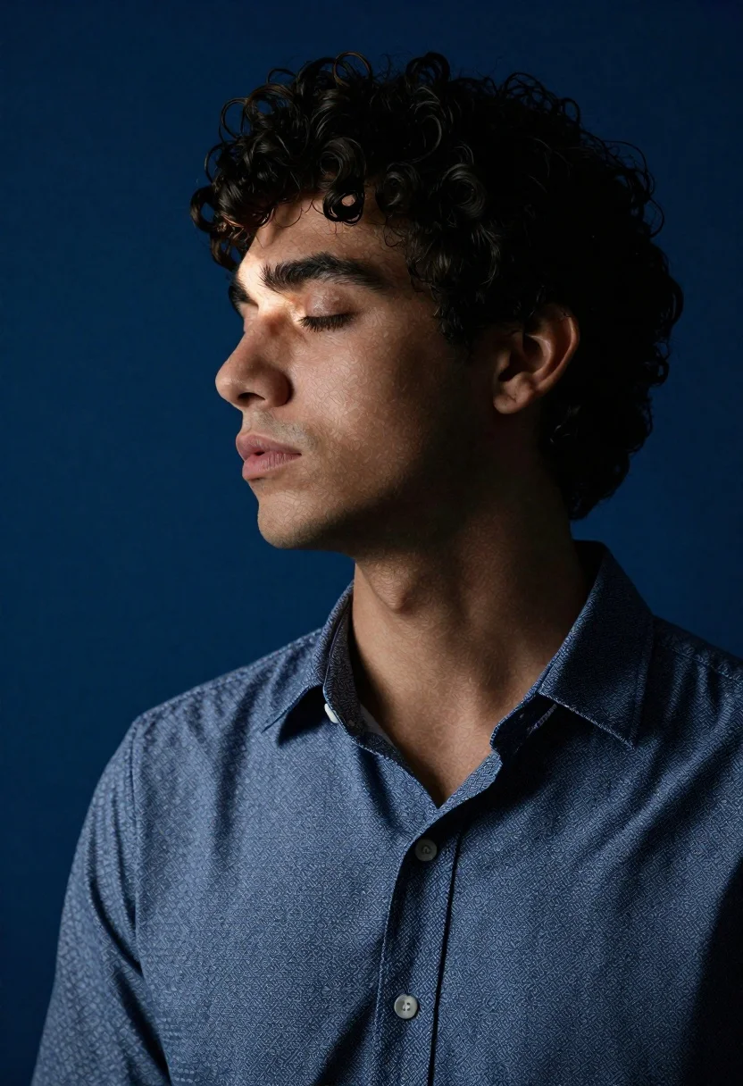 Portrait Young Man With Dark Curly Hair Profile Against Deep reference photo