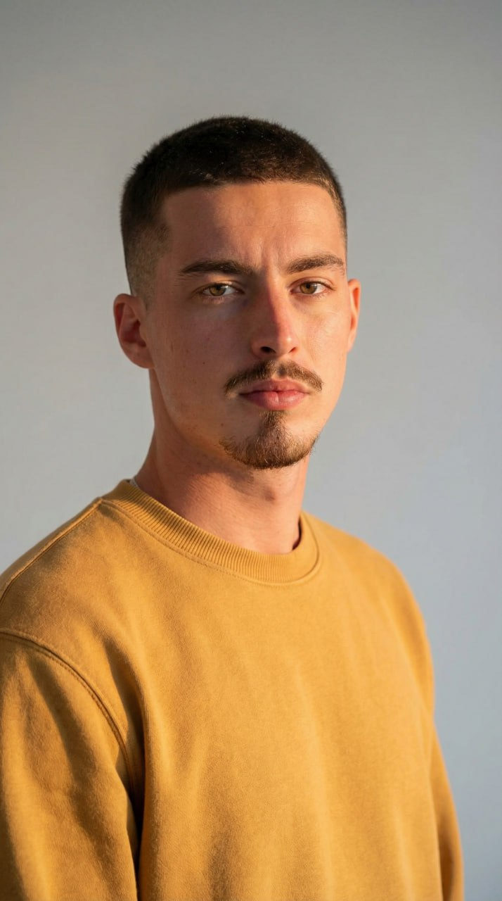 A realistic portrait featuring a subject in a mustard sweatshirt against a light gray backdrop, showcasing calm expression and detailed skin texture.