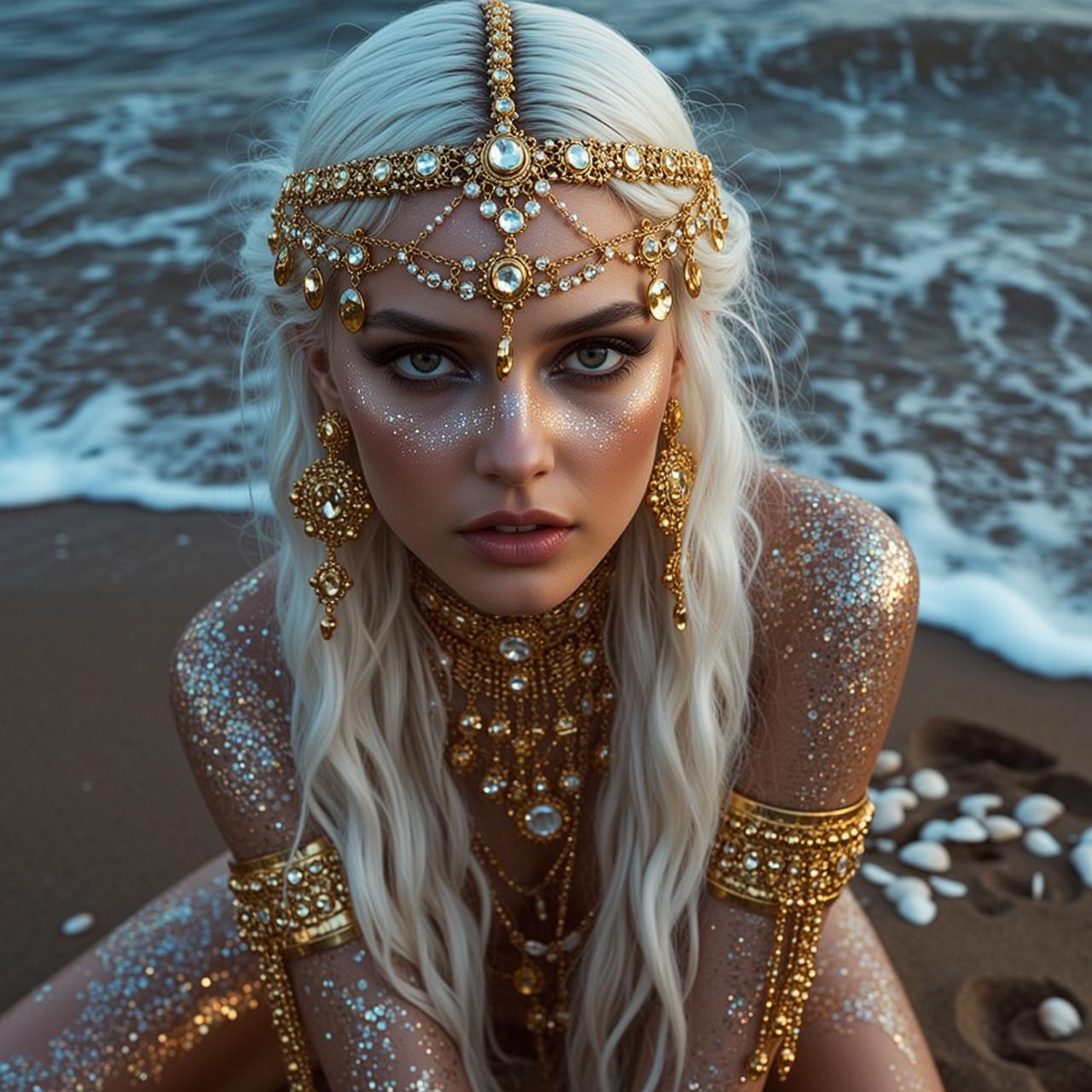 Gold Headpiece Desert Kneeling Pose