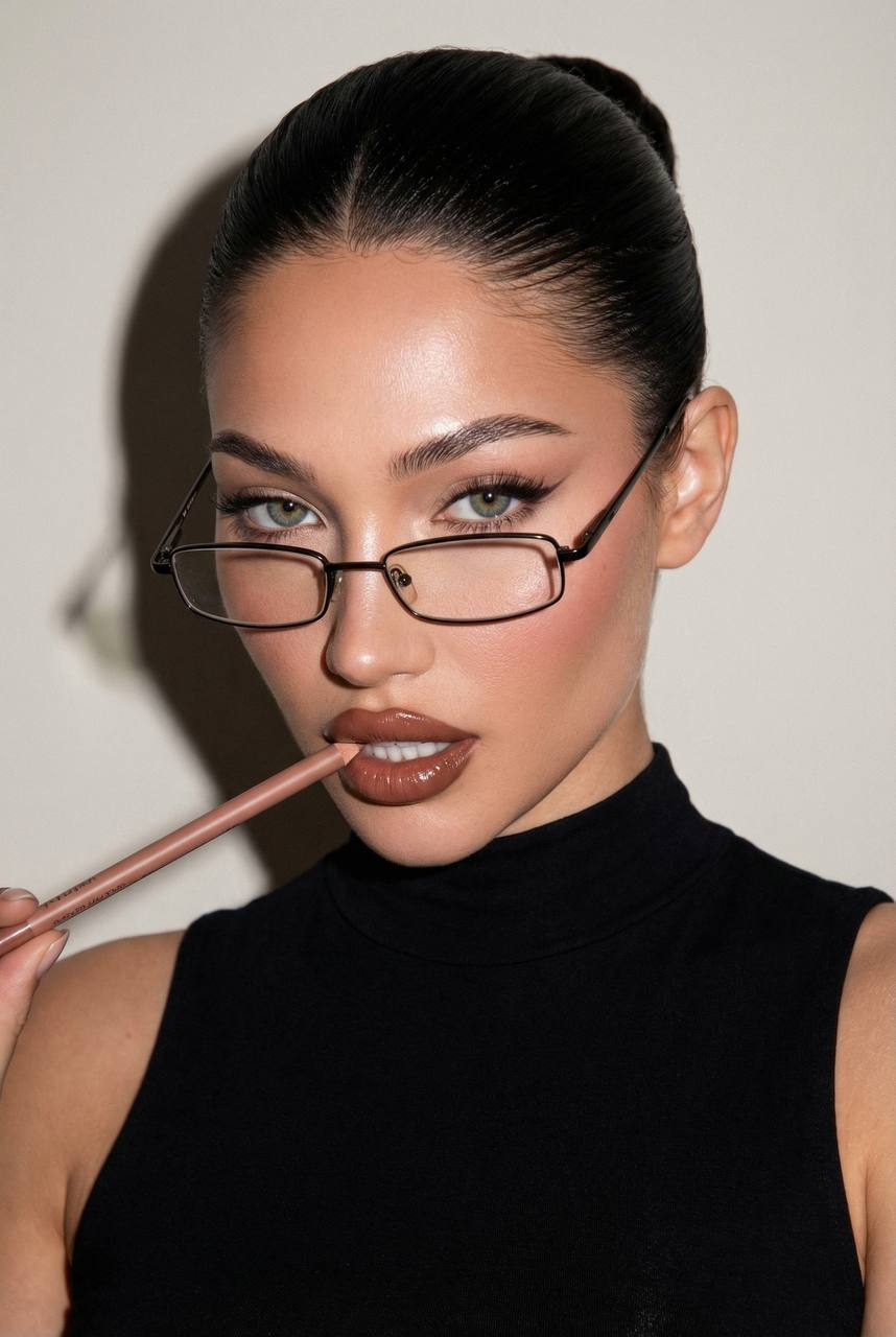 Ultra-detailed beauty portrait of a stylish woman in a sleek bun and eyeglasses.