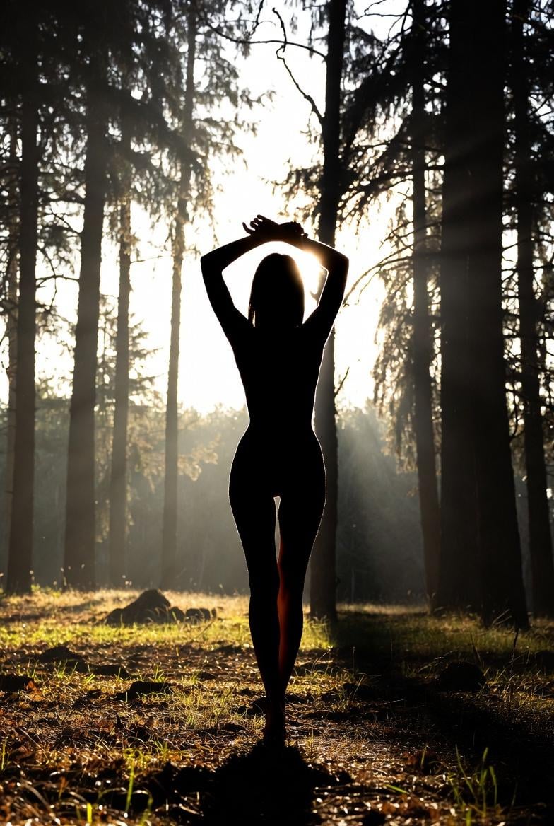 Silhouette In Dense Forest Low Angle Sun