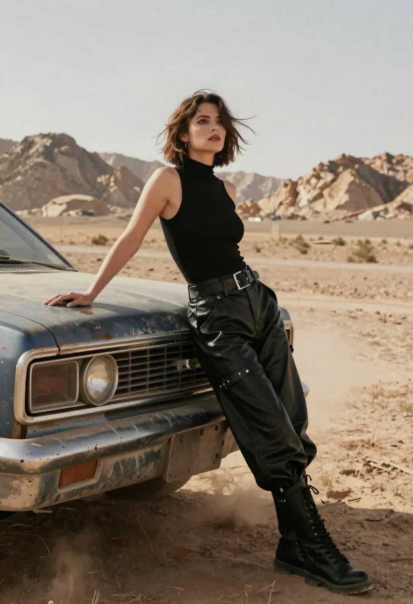 Woman Black Leather Outfit Leans Against Dusty Vintage Car Desert