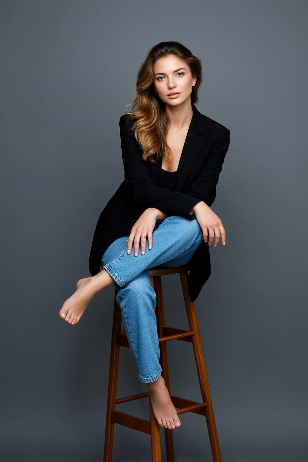 Black Blazer Black Tank Top Studio Grey Backdrop Wooden