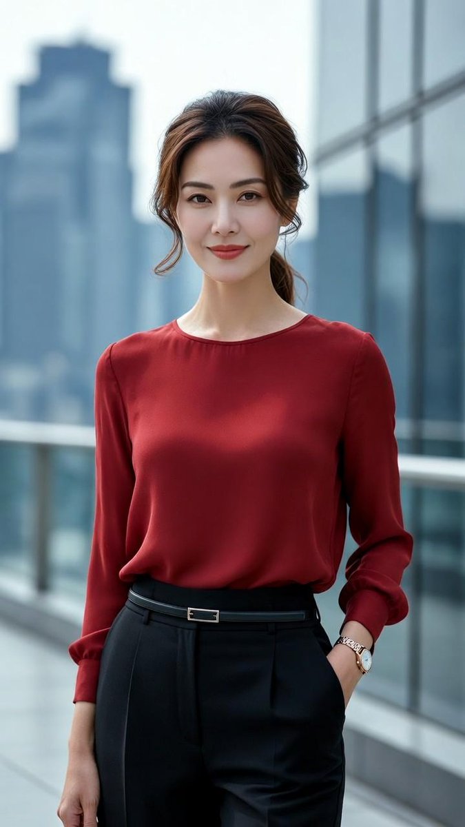 A confident, modern professional woman in a deep red silk blouse and tailored black trousers, standing beside a sleek glass wall with blurred skyscrapers in the background.