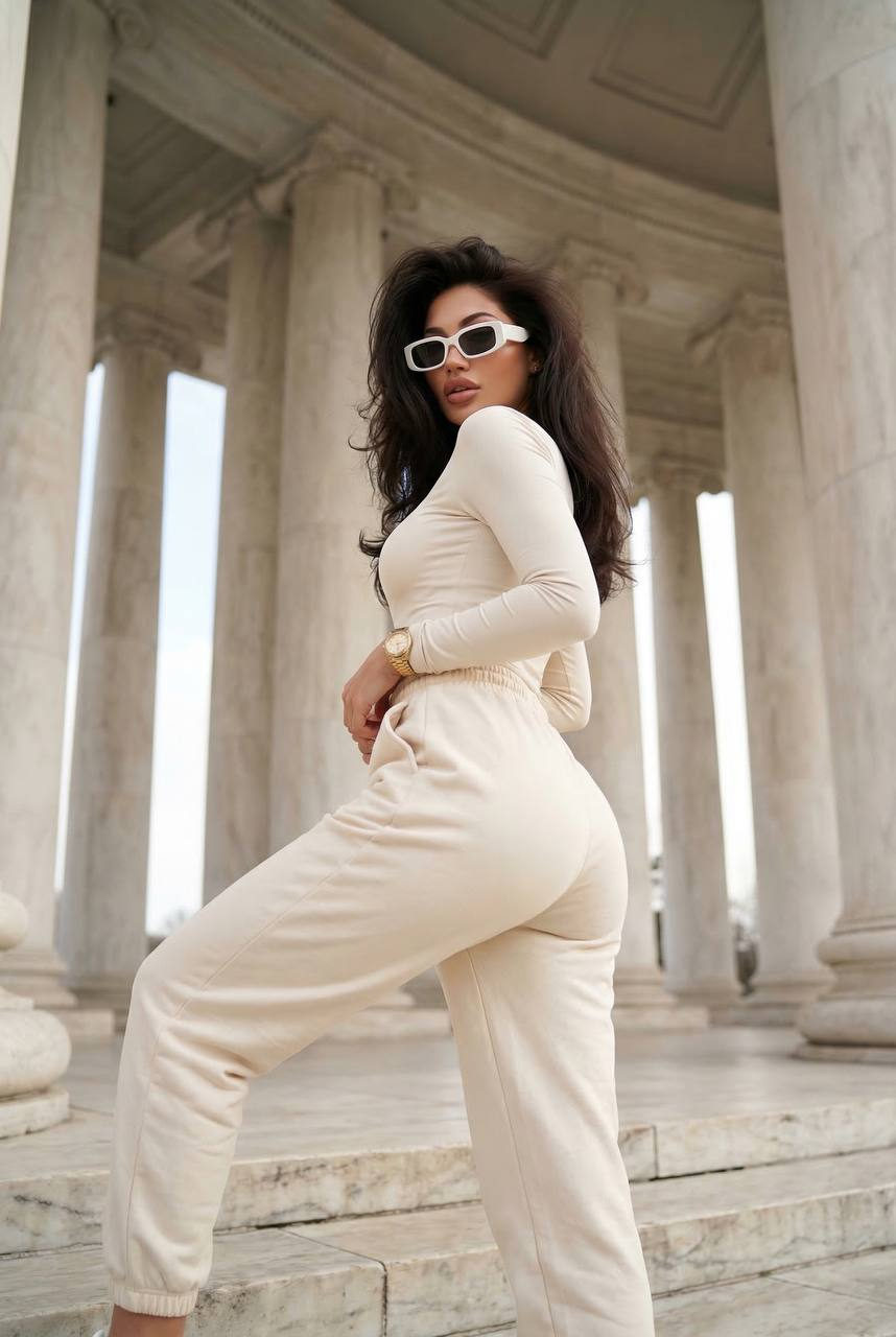 Elegant woman in cream outfit posing gracefully on steps, low-angle view capturing classical colonnade architecture.