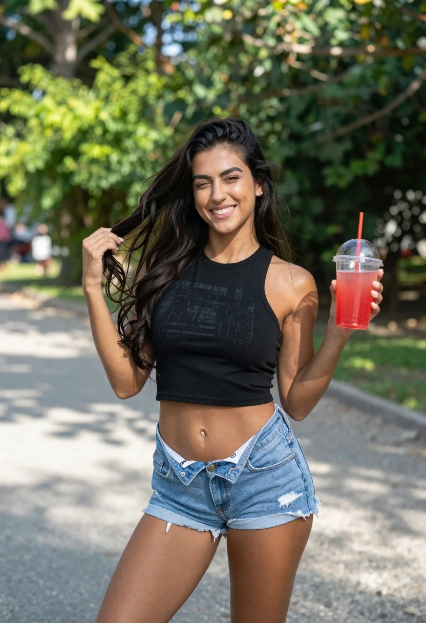 Smiling Woman With Long Dark Hair Winking The Camera While reference photo