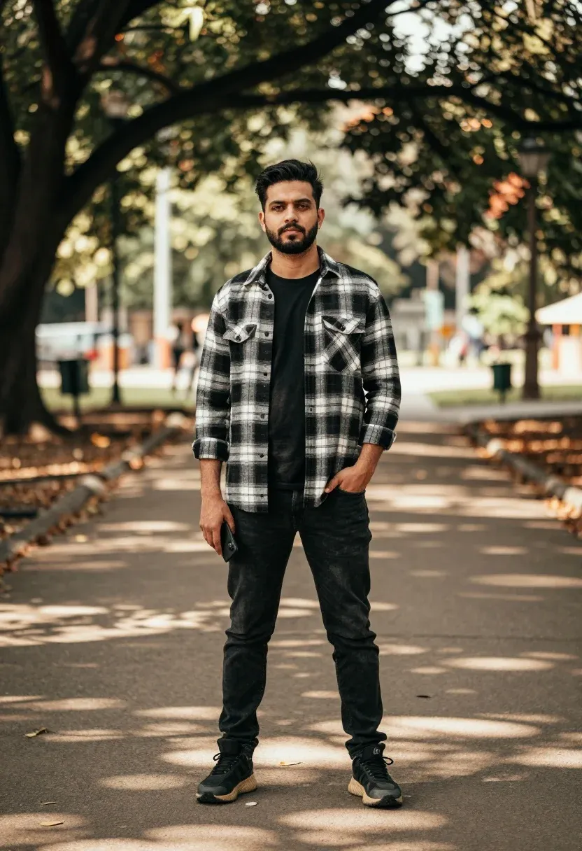 Full-body Portrait Man Standing Confidently Paved Path Park Subject Man