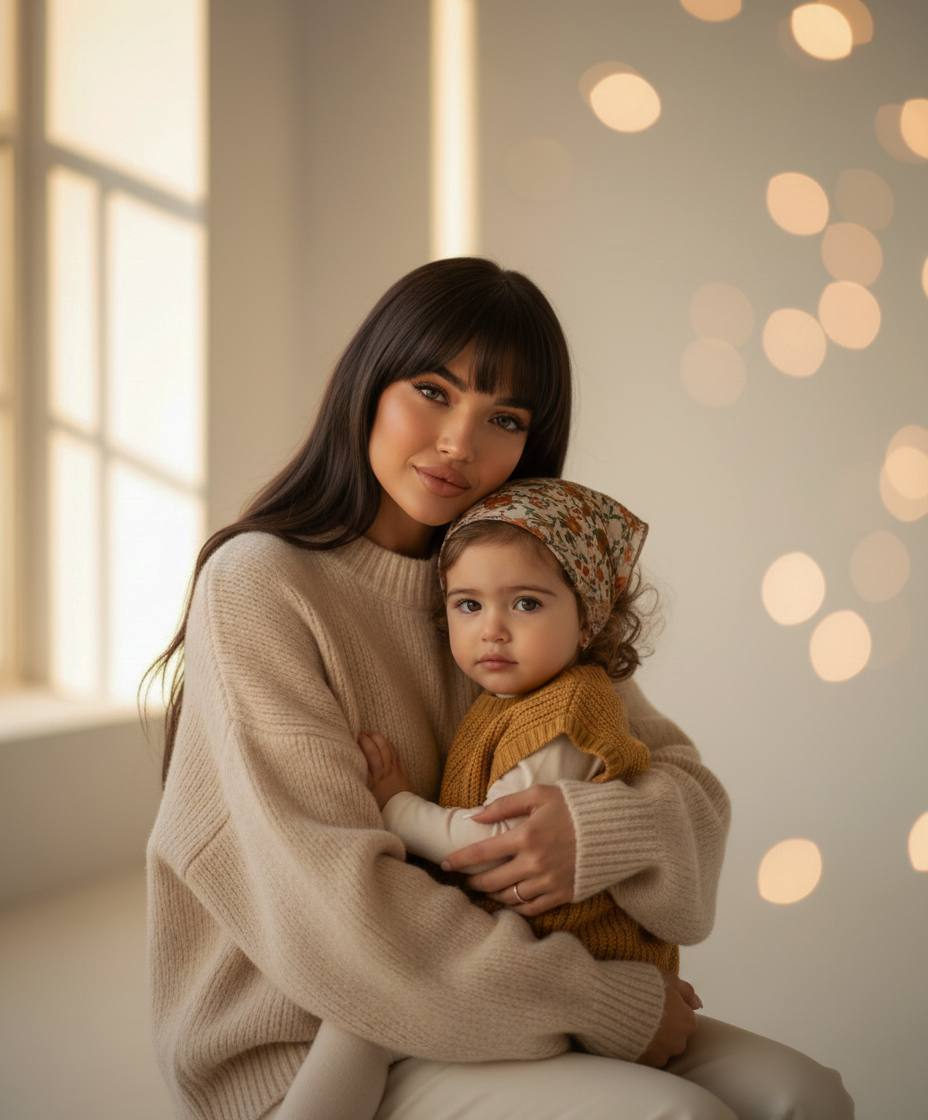 A mother and daughter seated together, embracing warmly with soft golden light, both gazing into the camera with gentle expressions.
