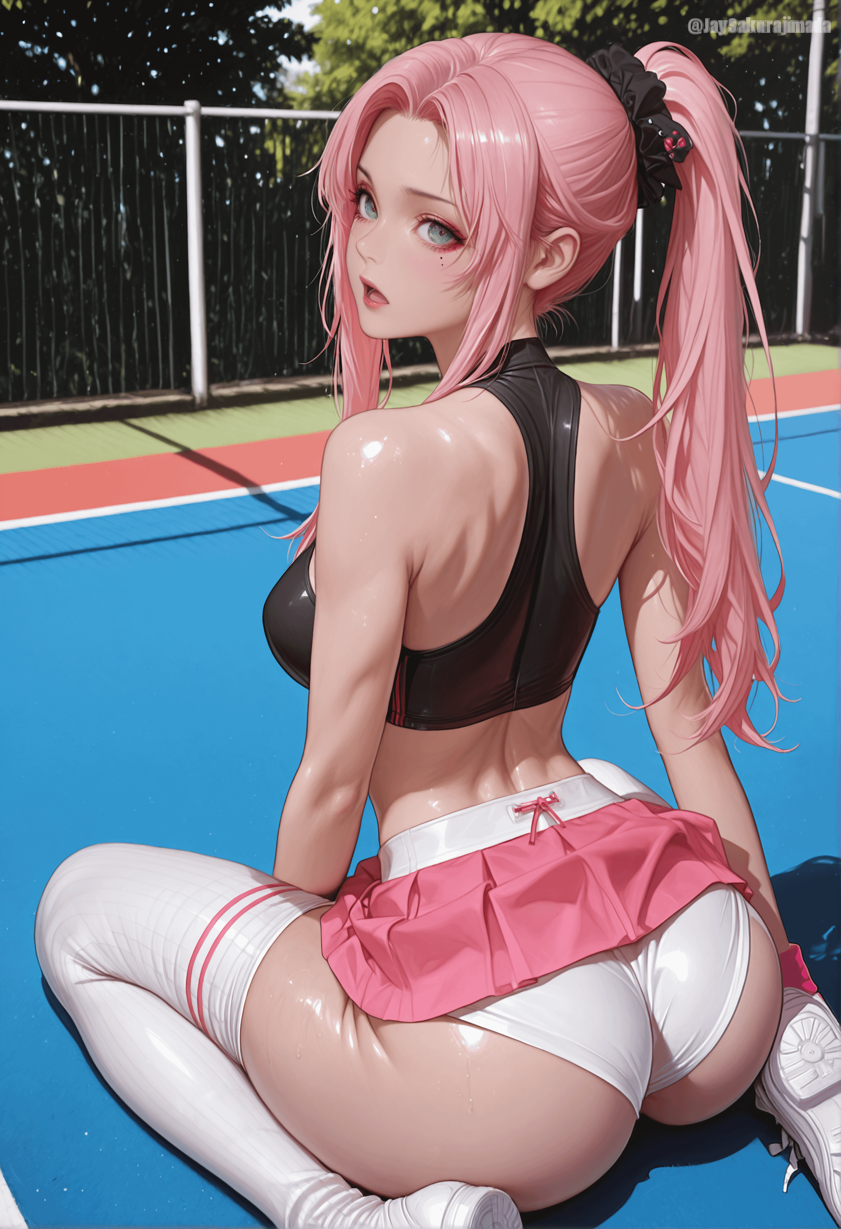 Anime Girl Pink Hair Tennis Court Outfit