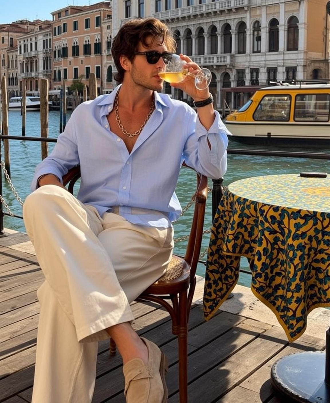 Brown Wavy Light Blue Linen Shirt Unbuttoned