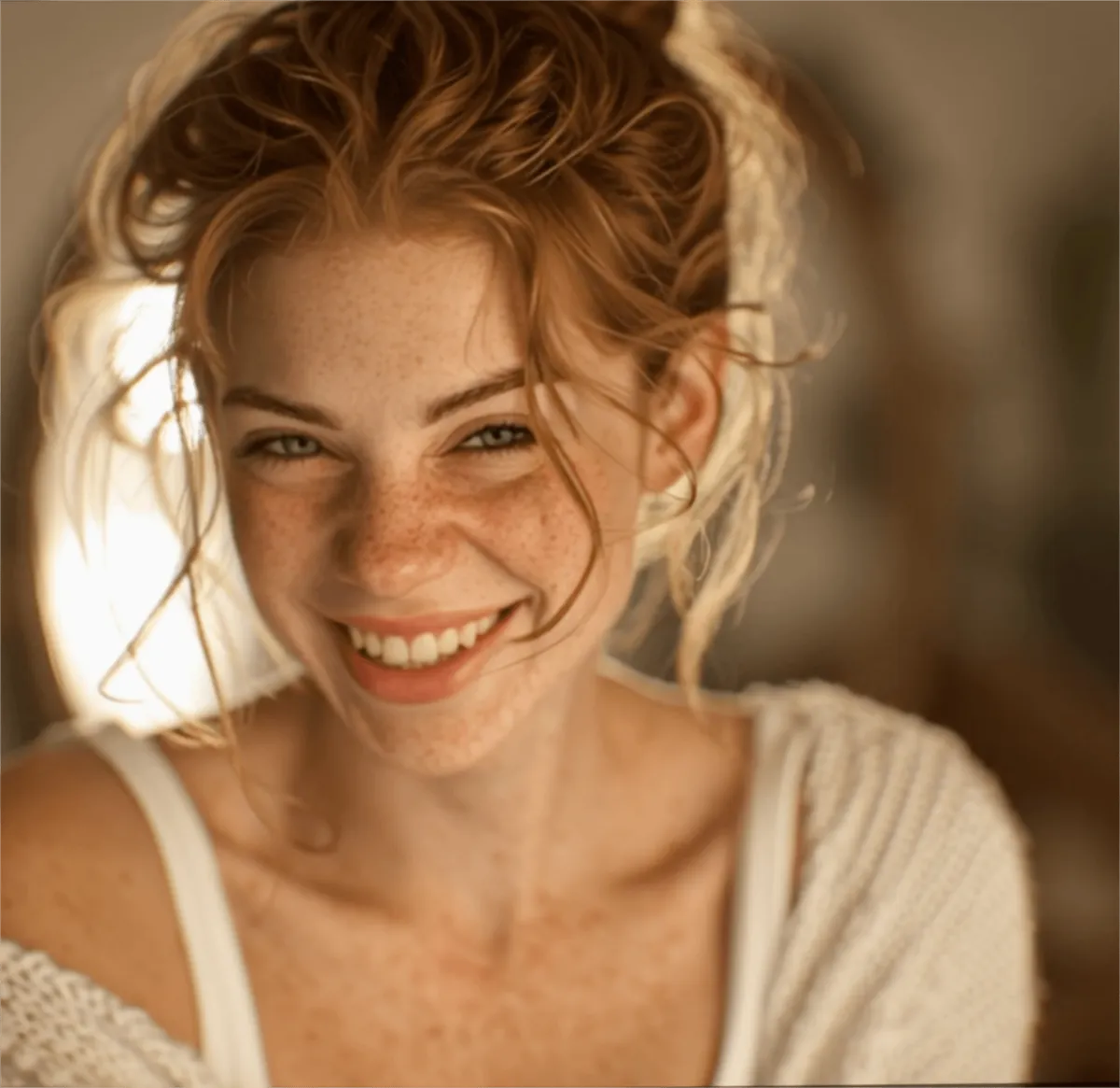 Smiling Woman In White Tank Top And Cream Cardigan