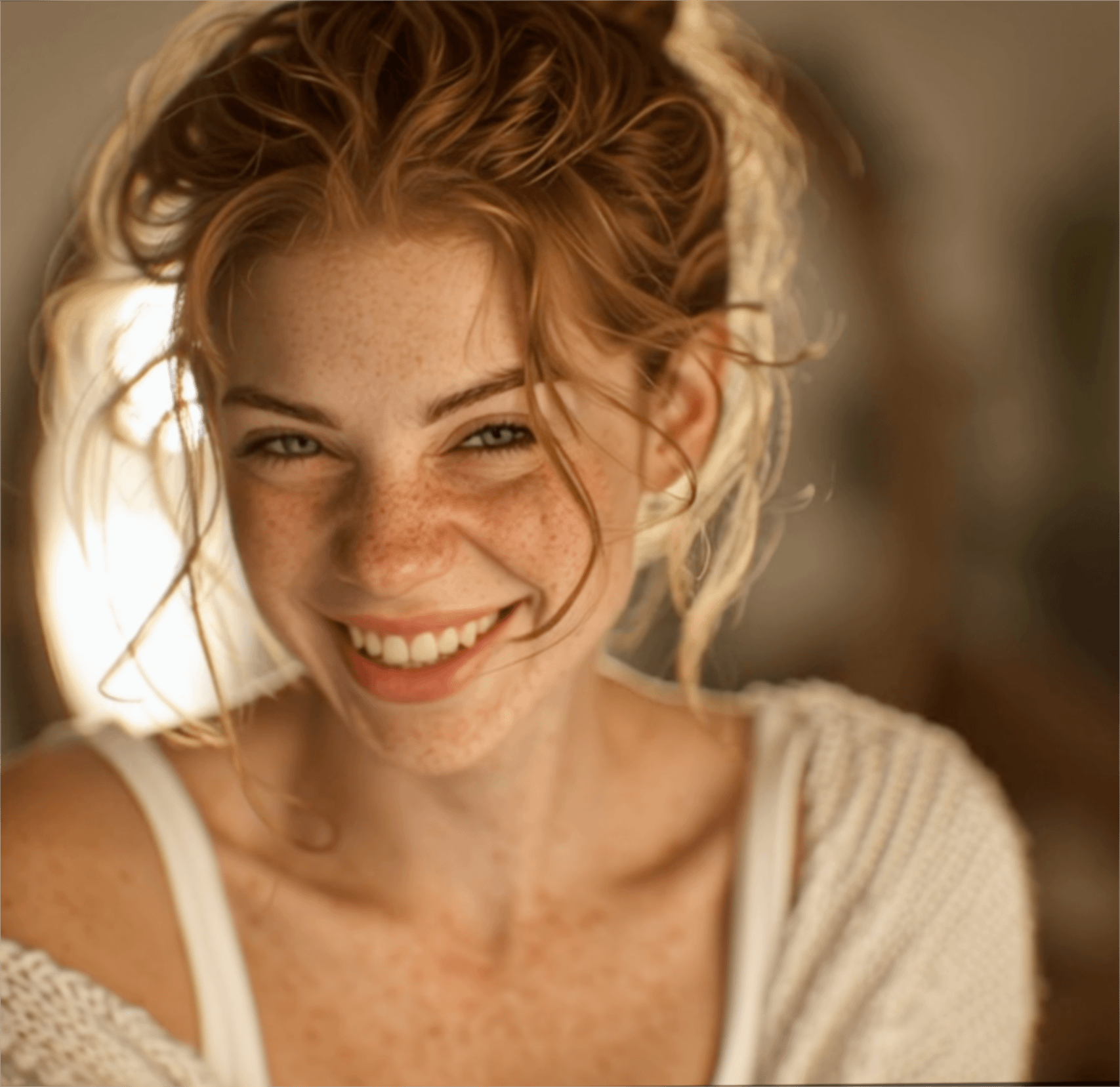 Smiling Woman In White Tank Top And Cream Cardigan