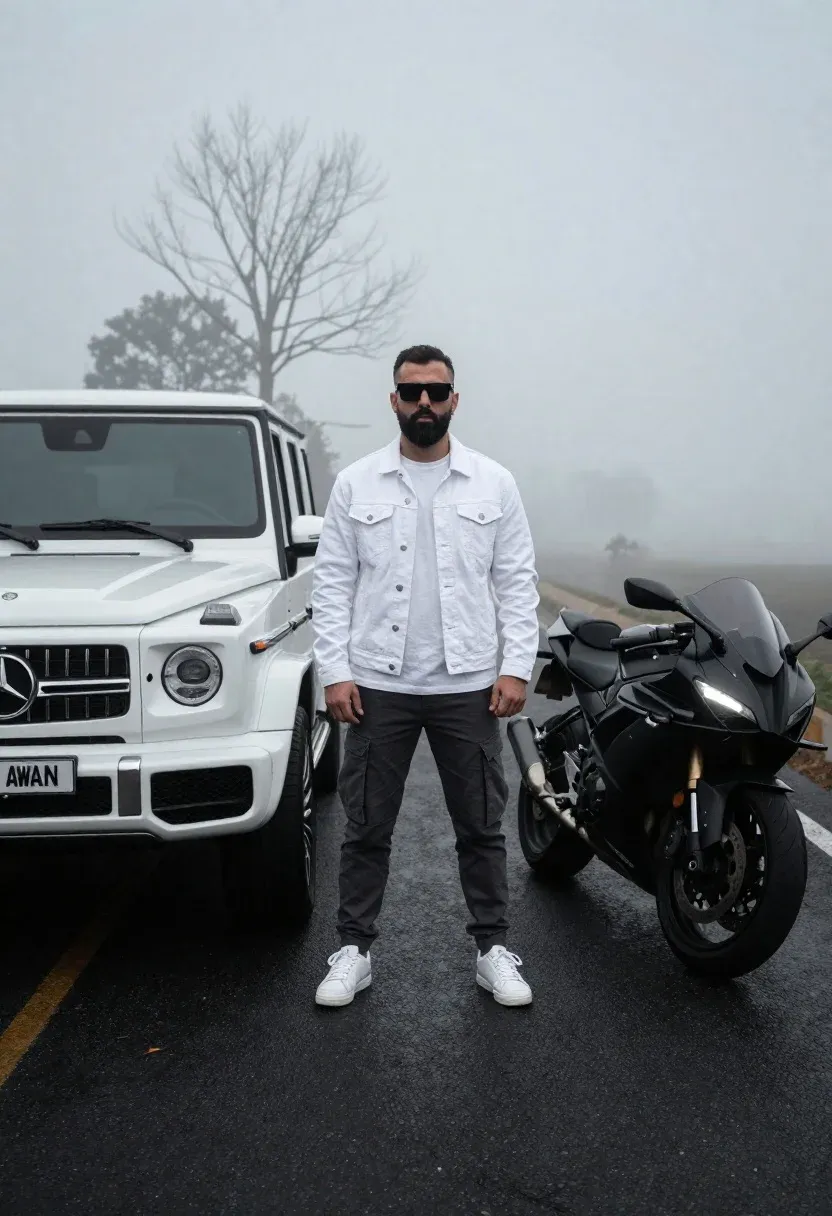 Cinematic Shot Man Standing The Center Between Luxury Vehicles Asphalt