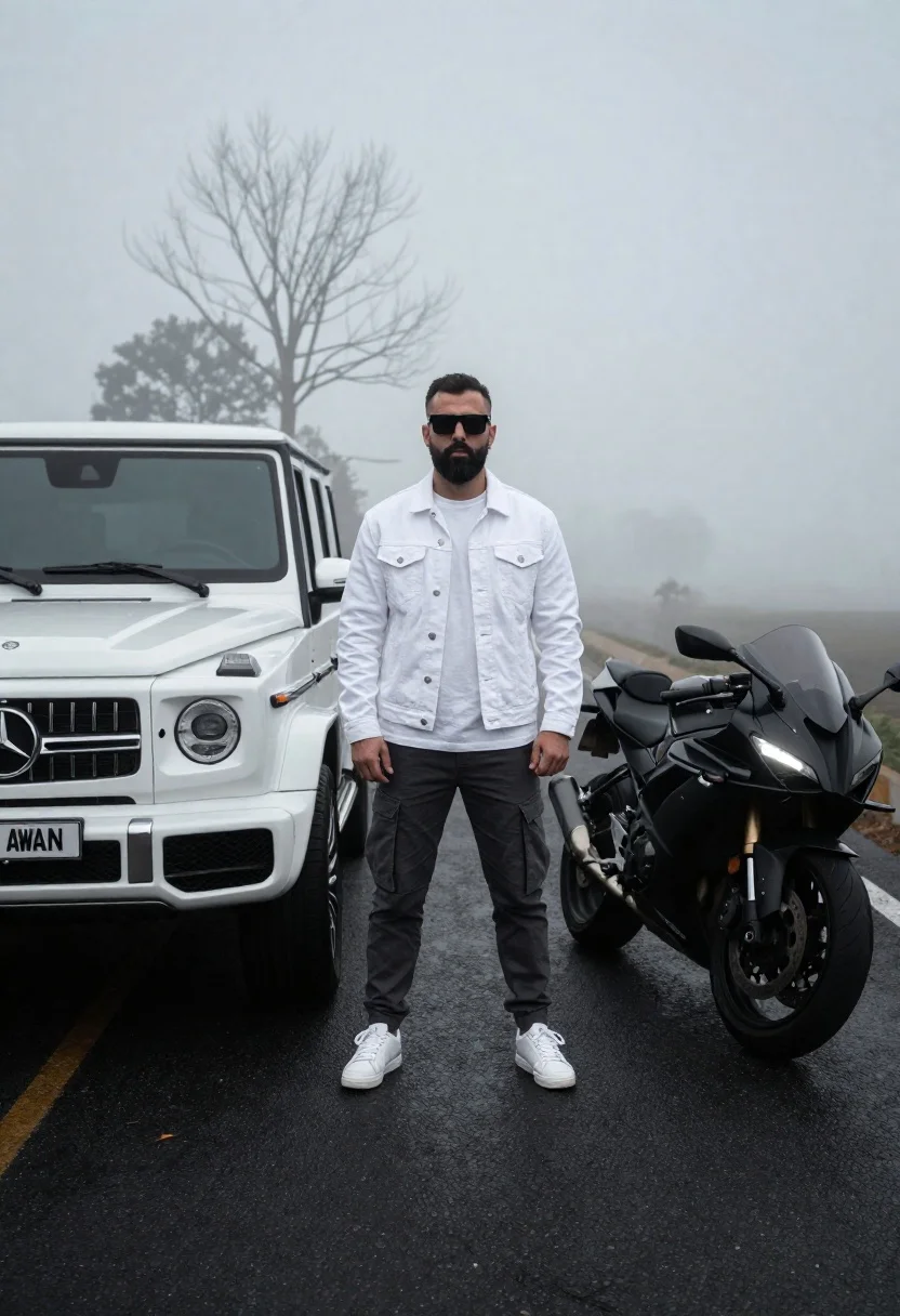 Cinematic Shot Man Standing The Center Between Luxury Vehicles Asphalt reference photo