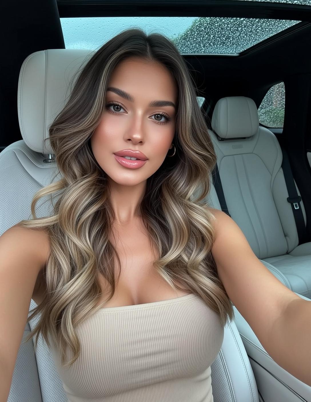 Beige Strapless Car Selfie