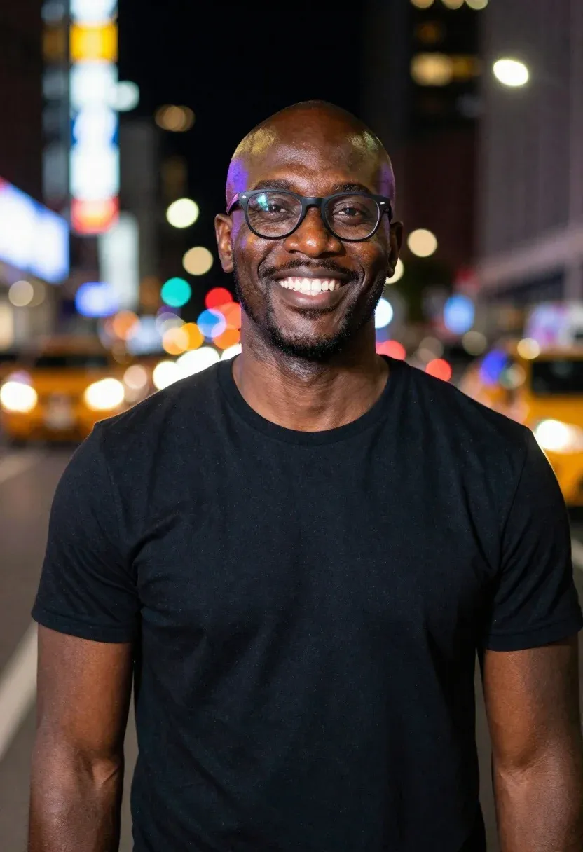 Portrait Smiling Black Man With Bald Head And Glasses Wearing