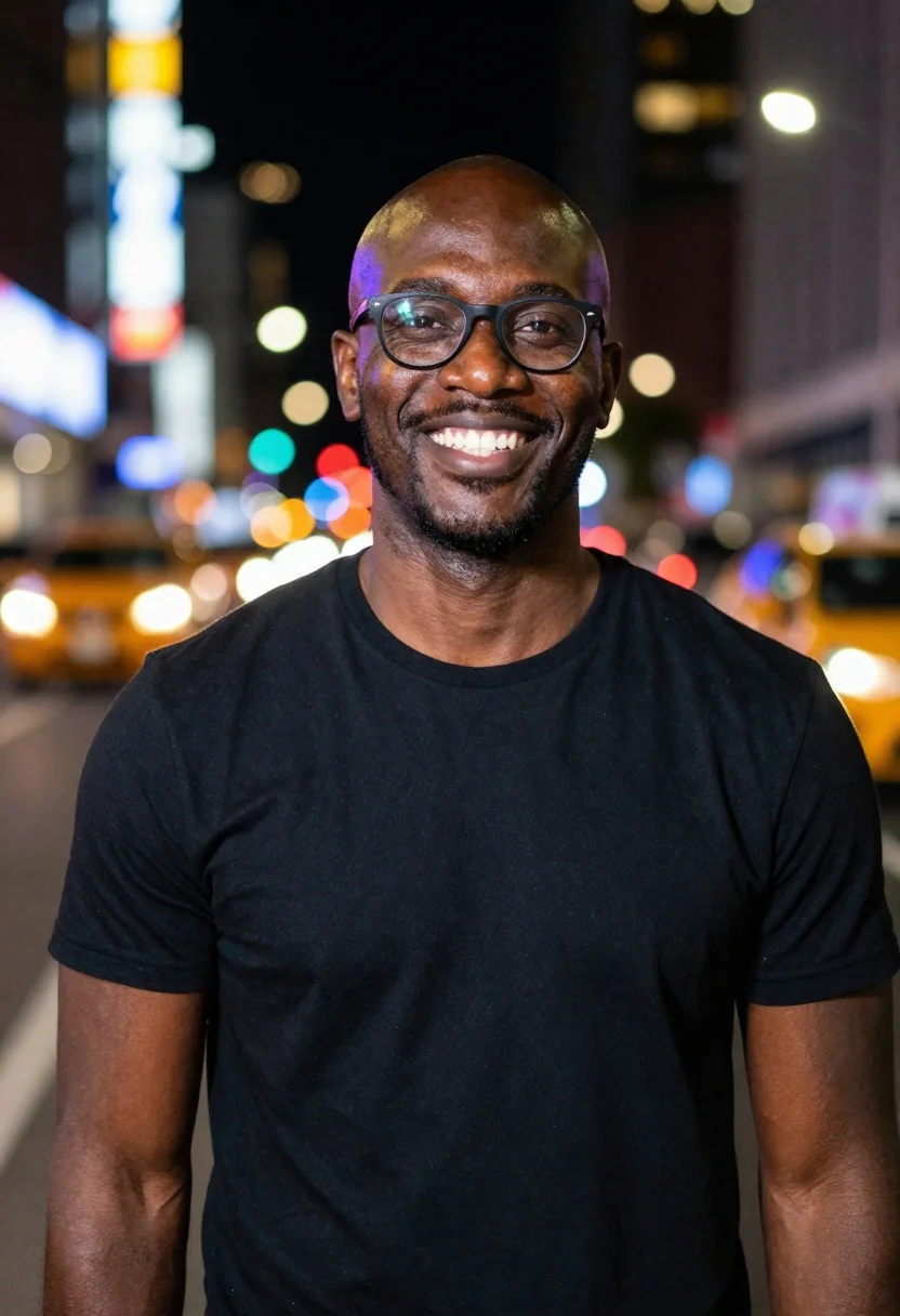 Portrait Smiling Black Man With Bald Head And Glasses Wearing reference photo