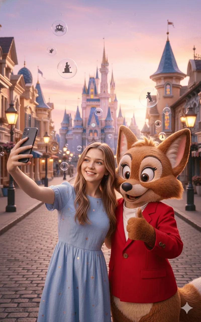 A woman smiling with a fox mascot in a colorful theme park.