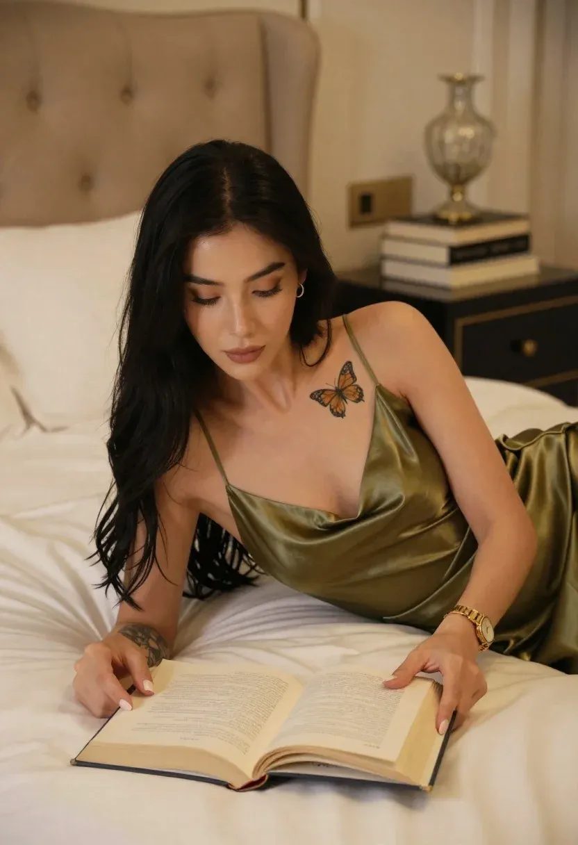 Woman With Long Dark Hair Lies Bed Reading Open Book